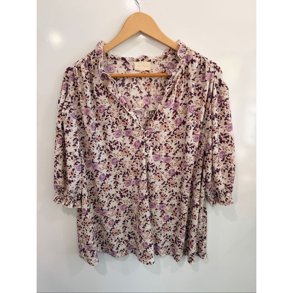 Melloday Purple Floral‎ Ruffle Crinkle Blouse 1X